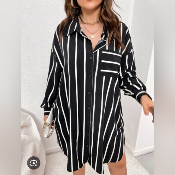 SHEIN Curve Black and White Striped Long Sleeve Button Down T-Shirt Dress - Picture 10 of 11